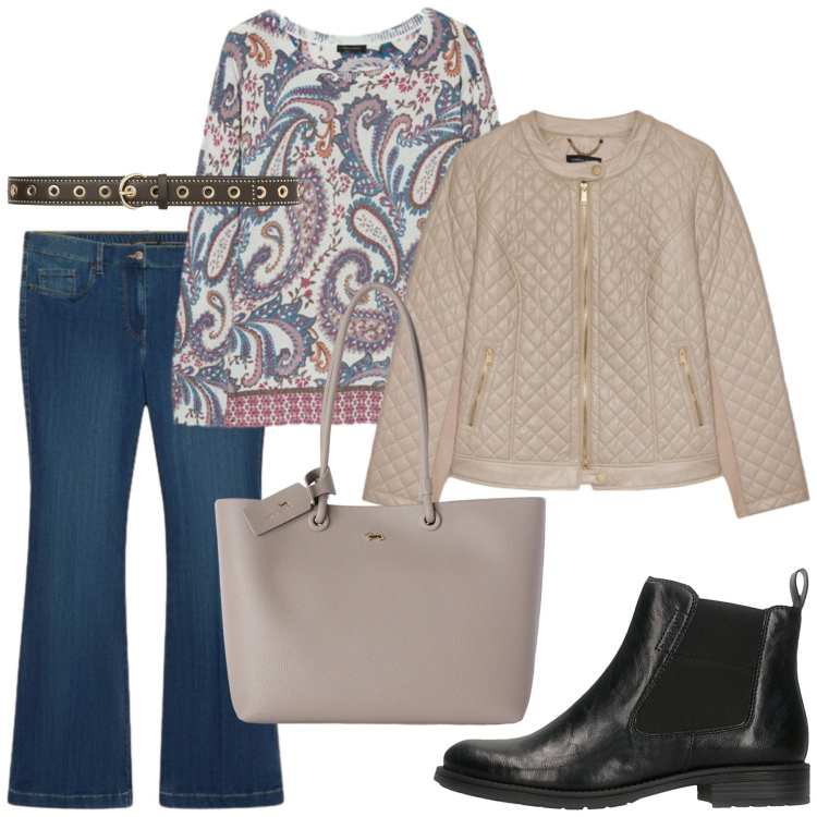 Outfit donna - Total look #2485176. Stile Minimal per Tutti i giorni. Abbinamento con shopping bag, jeans, maglieria, giacche, cinture, stivaletti.