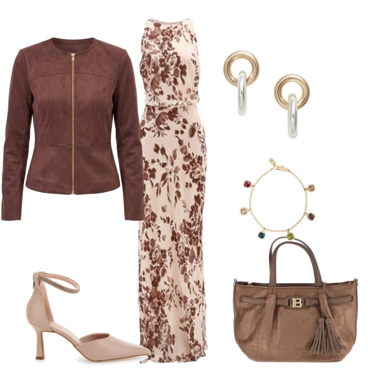 Outfit donna - Autunno a New York. Stile Bon Ton per Cerimonia. Abbinamento con orecchini, braccialetti, blazer, vestiti lunghi, décolleté, borse a mano.