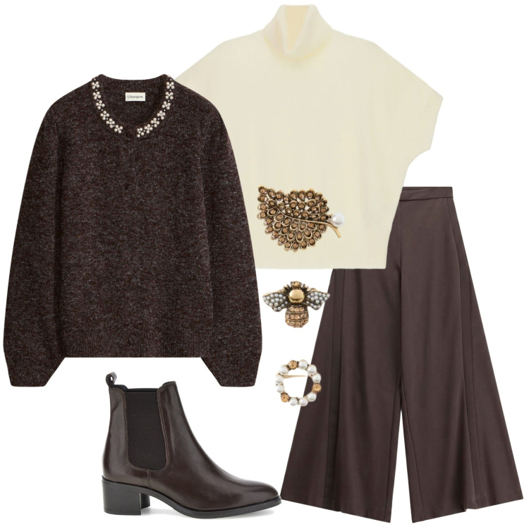 Outfit donna - Marrone e panna. Stile Casual chic per Ufficio. Abbinamento con cardigans, maglieria, pantaloni a palazzo, accessori per capelli, stivaletti chelsea.