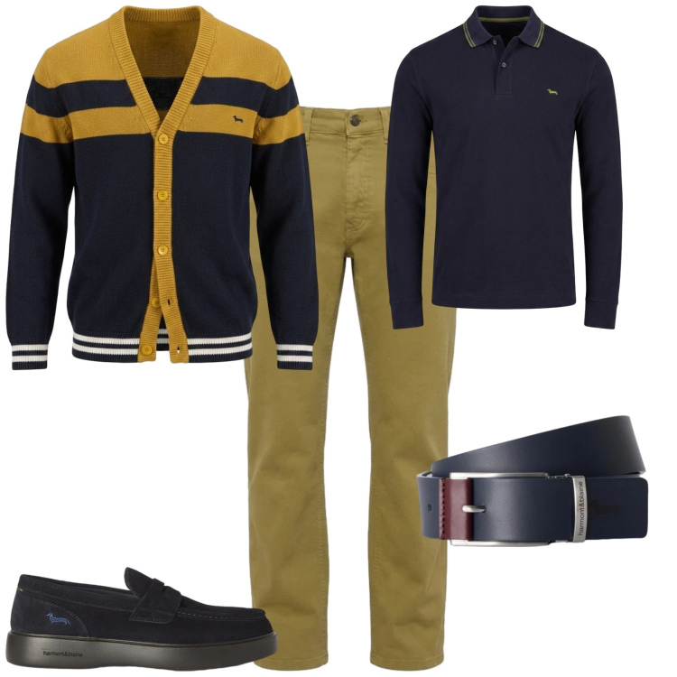 Outfit uomo - Trendy ufficio tempo libero. Stile Trendy per Ufficio. Abbinamento con jeans, scarpe stringate, cardigans, polo, cinture.