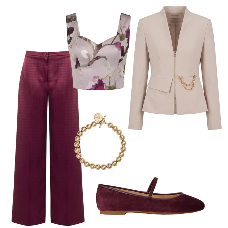 Outfit donna - Pranzo per la festa dei nonni. Stile Bon Ton per Cerimonia. Abbinamento con top, pantaloni a palazzo, blazer, braccialetti, ballerine.