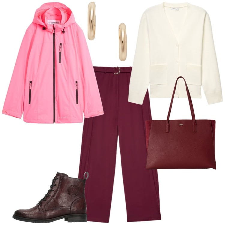 Outfit donna - Autunno freddo. per Tutti i giorni. Abbinamento con shopping bag, pantaloni a palazzo, orecchini, cardigans, blazer, anfibi.