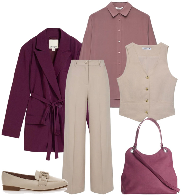 Outfit donna - Ottobre in città. Stile Casual chic per Tutti i giorni. Abbinamento con pantaloni a palazzo, gilet, camicie, mocassini, borse a mano, blazer.