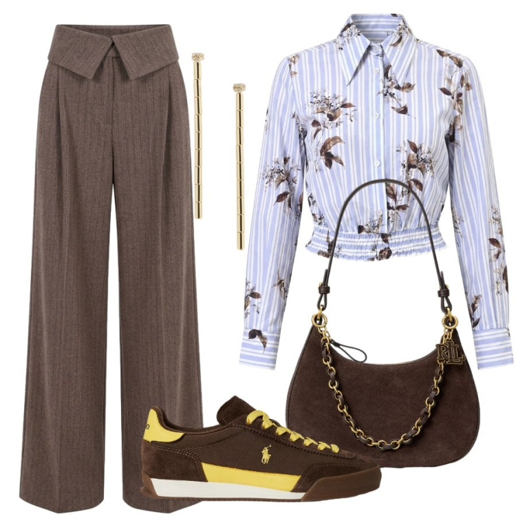 Outfit donna - Il sabato. Stile Glamour per Tutti i giorni. Abbinamento con borse a spalla, orecchini, sneakers, camicie, pantaloni a palazzo.