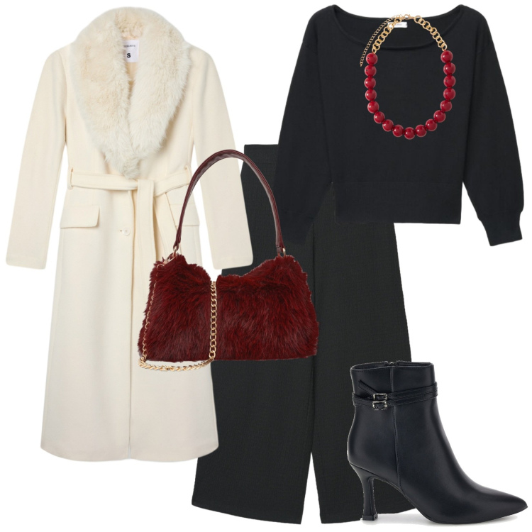 Outfit donna - Inverno piacevole. per Serata fuori. Abbinamento con cappotti, pantaloni a palazzo, borse a spalla, maglieria, collane, stivaletti.