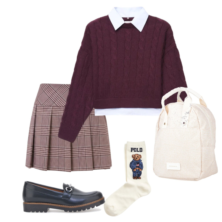 Outfit donna - Sono una matricola. Stile Preppy per Scuola/Università. Abbinamento con calzini, minigonne, zaini, maglieria, mocassini.