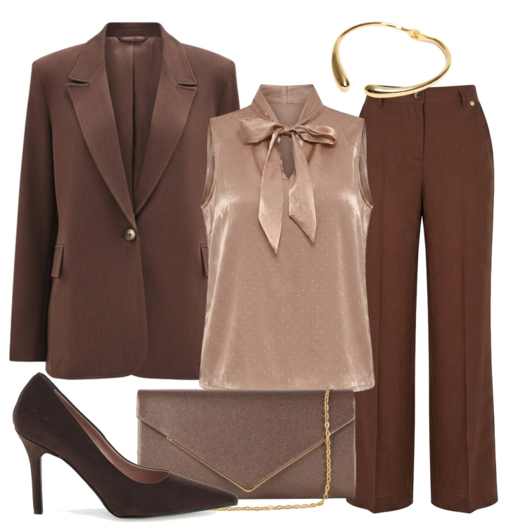 Outfit donna - Cerimonia d\'autunno. Stile Chic per Tutti i giorni. Abbinamento con pantaloni, clutch, blazer, top, collane, décolleté.