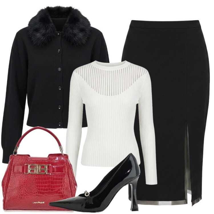 Outfit donna - Il nero di giorno. Stile Glamour per Ufficio. Abbinamento con décolleté, maglieria, gonne longuette, cardigans, borse a mano.