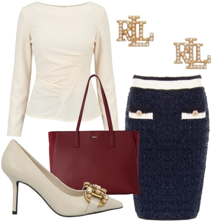 Outfit donna - Dettagli con oro. Stile Chic per Ufficio. Abbinamento con décolleté, gonne, bluse, shopping bag, orecchini.