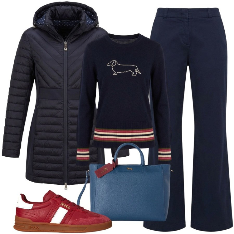 Outfit donna - Harmont&Blaine in ufficio. Stile Casual chic per Ufficio. Abbinamento con piumini, pantaloni, maglieria, borse a mano, sneakers.