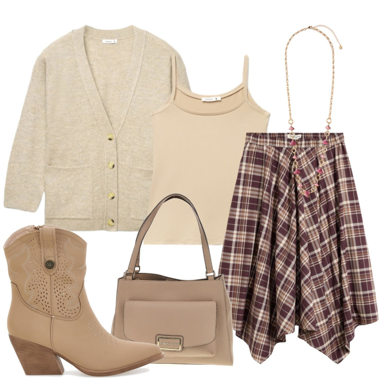 Outfit donna - Shabby chic. Stile Boho per Tutti i giorni. Abbinamento con gonne, cardigans, canottiere, collane, stivaletti texani, borse a spalla.