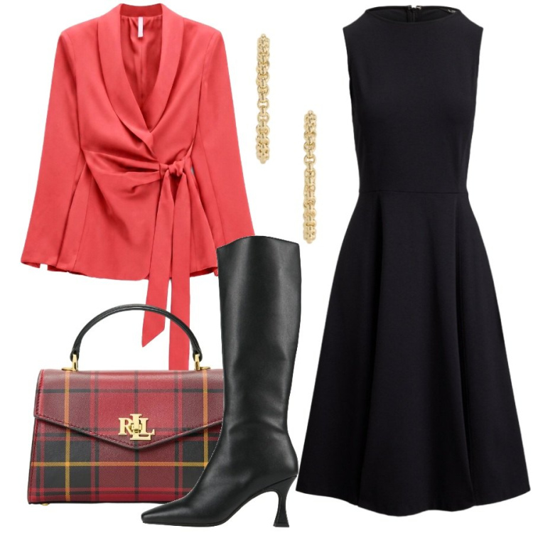 Outfit donna - Una serata speciale. Stile Chic per Serata fuori. Abbinamento con stivali, blazer, vestiti senza maniche, borse a mano, orecchini.