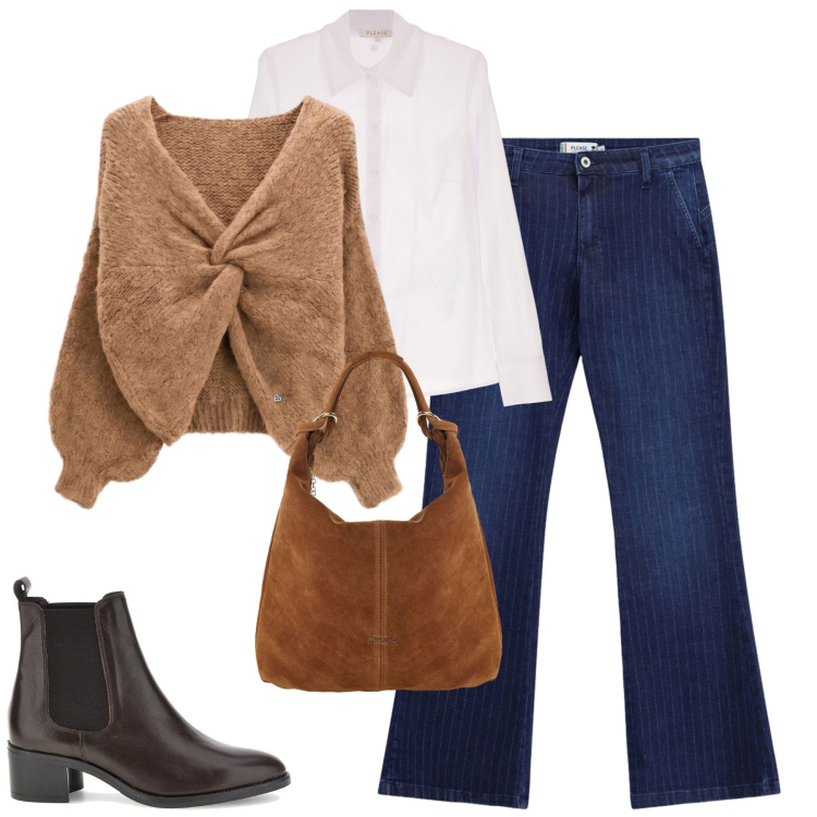 Outfit donna - Ottobre. Stile Casual chic per Tutti i giorni. Abbinamento con borse a spalla, camicie, jeans a zampa, maglieria, stivaletti chelsea.