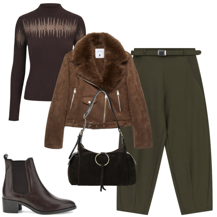 Outfit donna - Fall. Stile Casual chic per Tutti i giorni. Abbinamento con giacche, pullovers, pantaloni, borse a spalla, stivaletti chelsea.