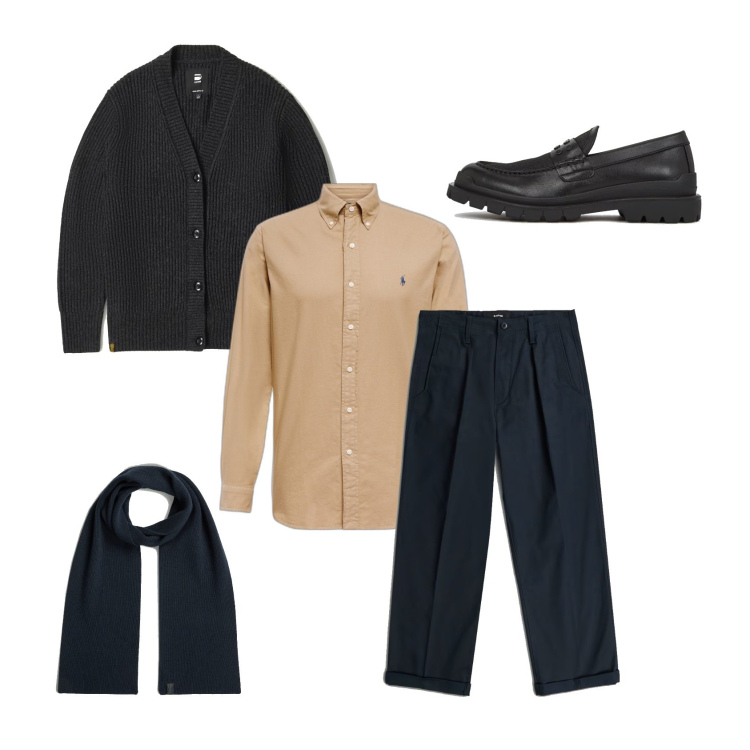 Outfit homme - Chemise et Cardigan. Style Business/Elégant pour Tous les jours. Assortir avec chemisiers, gilets, pantalon , chaussures à lacets, écharpes.