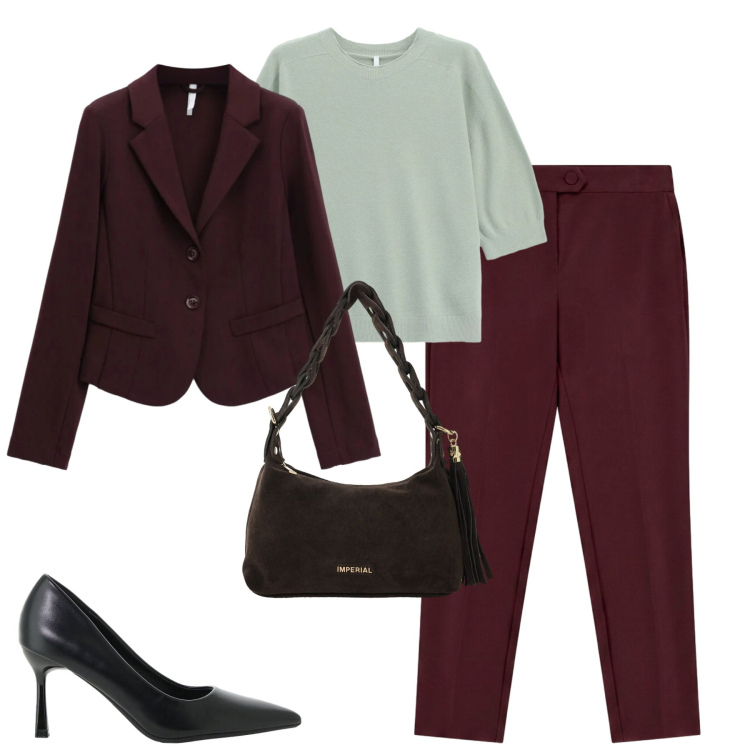 Outfit donna - Ottobre. Stile Trendy per Tutti i giorni. Abbinamento con blazer, pantaloni, décolleté, borse a spalla, maglieria.