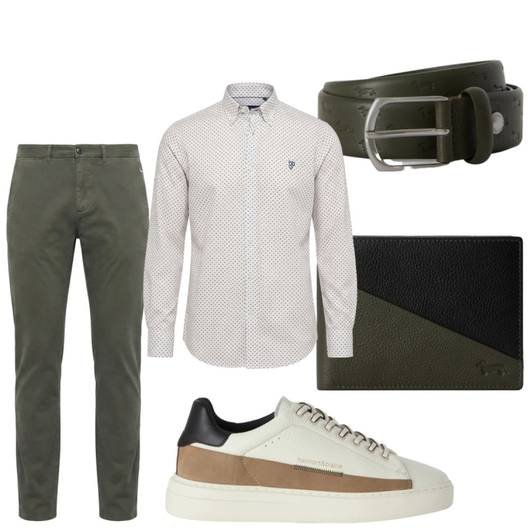 Outfit uomo - Autunno. Stile Trendy per Ufficio. Abbinamento con sneakers, camicie, pantaloni, cinture, portafogli.