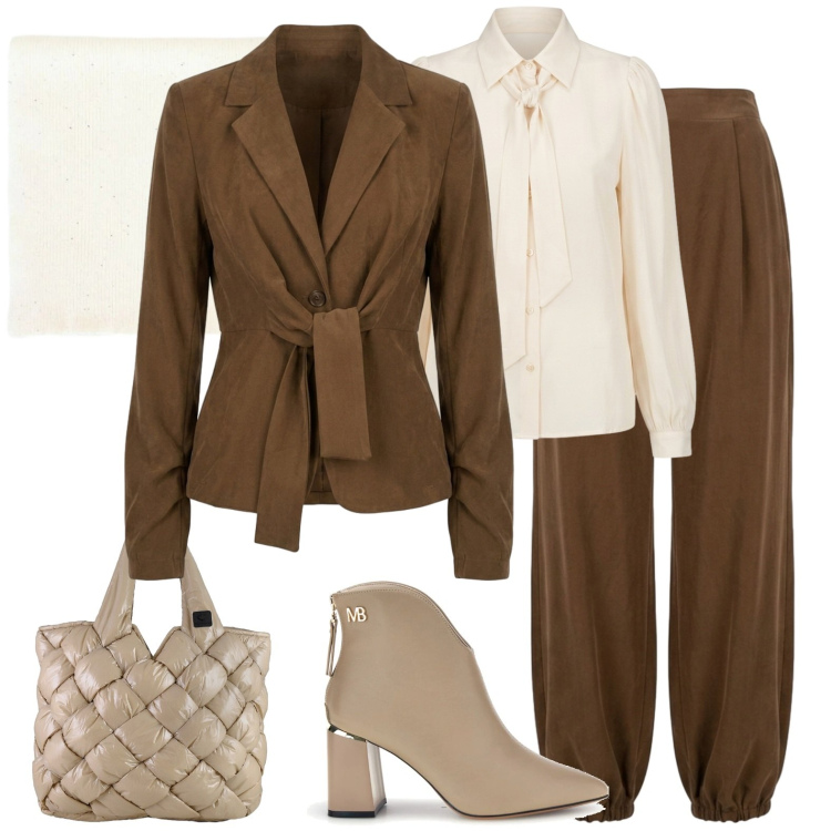 Outfit donna - Blazer con cintura. Stile Urban per Tutti i giorni. Abbinamento con sciarpe, borse tote, pantaloni, blazer, camicie, stivaletti.
