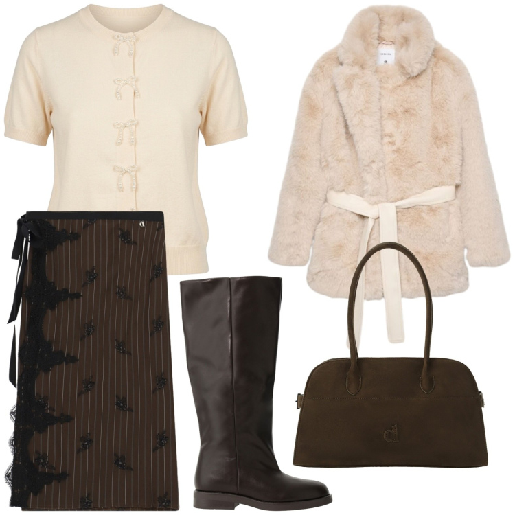 Outfit donna - Rich Espresso & Cream Warmth. Stile Chic per Ufficio. Abbinamento con stivali, gonne longuette, borse a spalla, cardigans, cappotti.