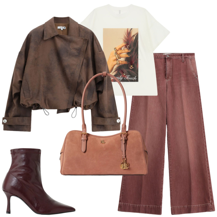 Outfit donna - Chocolate street style. Stile Urban per Tutti i giorni. Abbinamento con stivaletti, t-shirt, borse a mano, bomber, jeans.