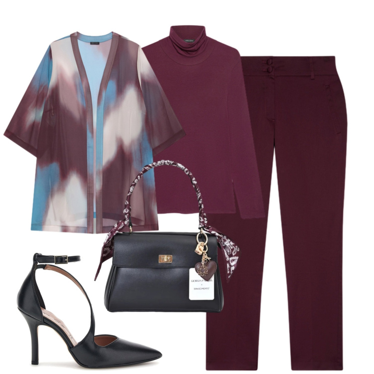 Outfit donna - Eleganza autunnale by Fiorella Rubino. Stile Chic per Serata fuori. Abbinamento con borse a mano, pantaloni, kimono, t-shirt, décolleté.