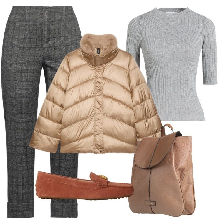 Outfit donna - Sabbia e grigio. Stile Casual chic per Ufficio. Abbinamento con piumini, mocassini, pantaloni, zaini, pullovers.