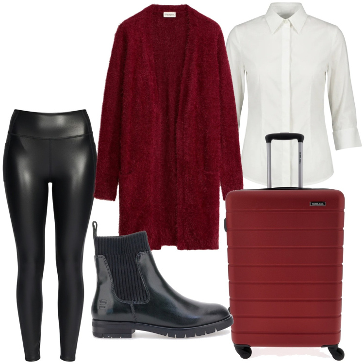Outfit donna - Cardigan avvolgente. Stile Casual per Tutti i giorni. Abbinamento con cardigans, camicie, stivaletti, valigie, leggings.
