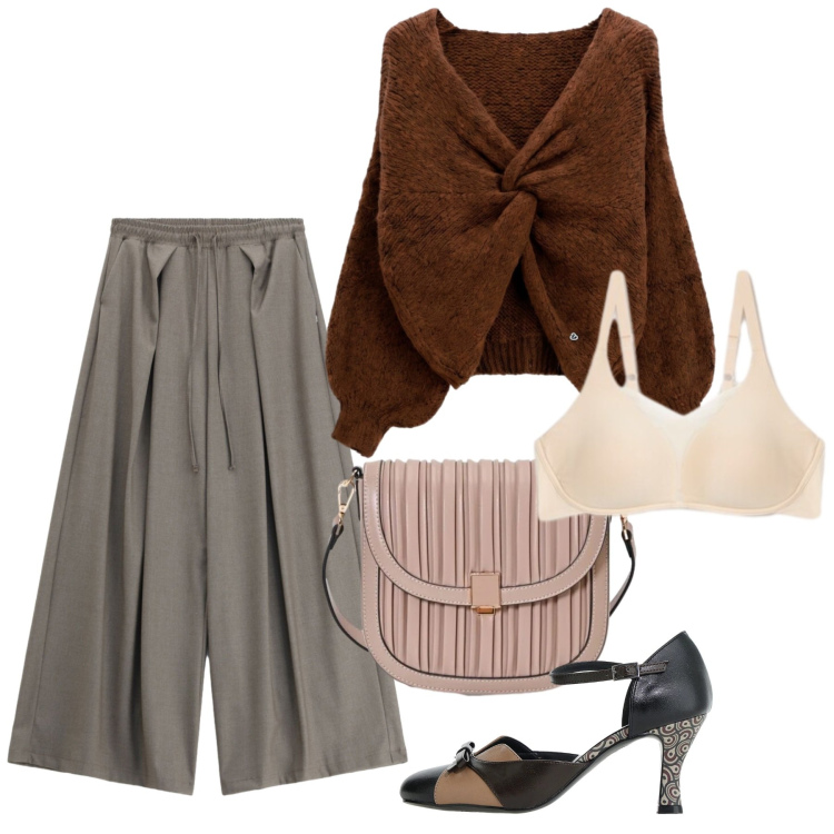 Outfit donna - Rich Espresso & Cream Warmth. Stile Chic per Ufficio. Abbinamento con reggiseni, maglieria, pantaloni a palazzo, borse a tracolla, décolleté.