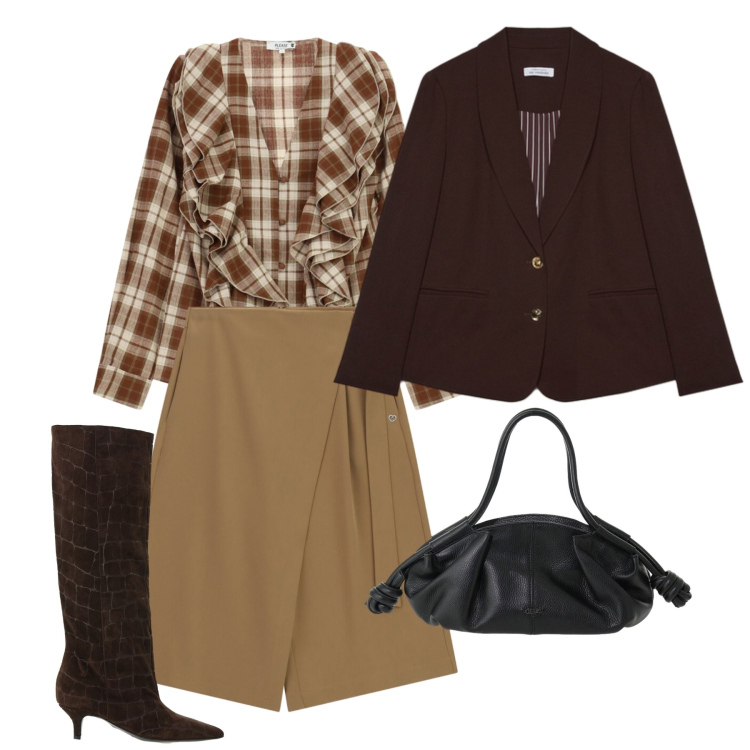 Outfit donna - Rich Espresso & Cream Warmth. Stile Chic per Tutti i giorni. Abbinamento con stivali, pantaloni corti, camicie, borse a mano, blazer.