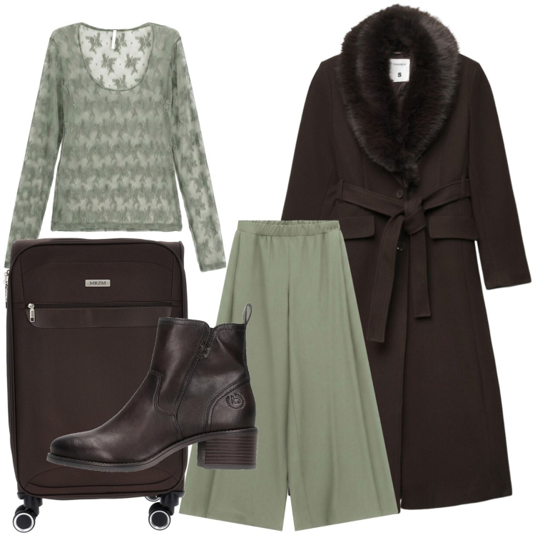 Outfit donna - Guardaroba da viaggio. Stile Casual per Tutti i giorni. Abbinamento con pantaloni a palazzo, top, cappotti, valigie, stivaletti.