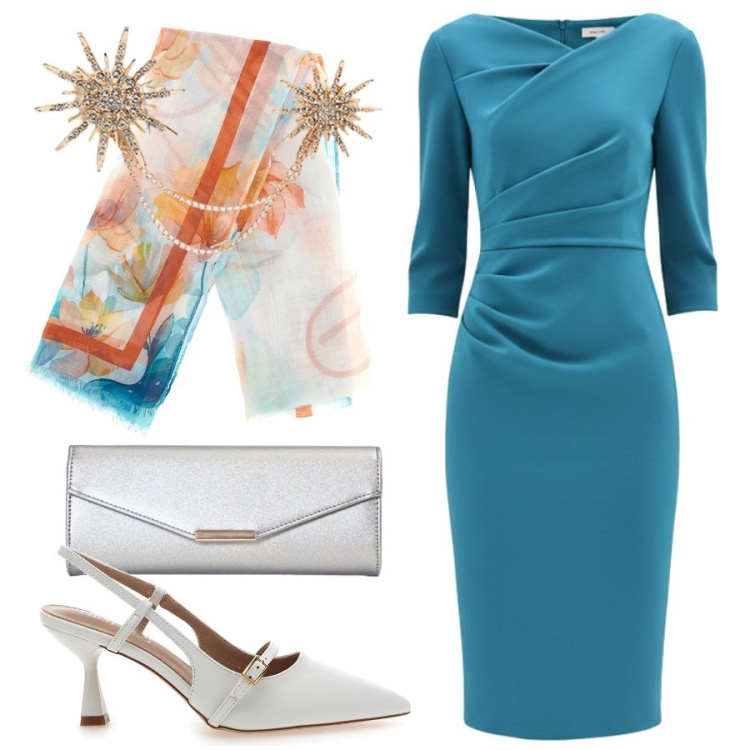 Outfit donna - Il cielo e\' blu. Stile Romantica per Cerimonia. Abbinamento con vestiti asimmetrici, clutch, ciondoli, décolleté, foulard.