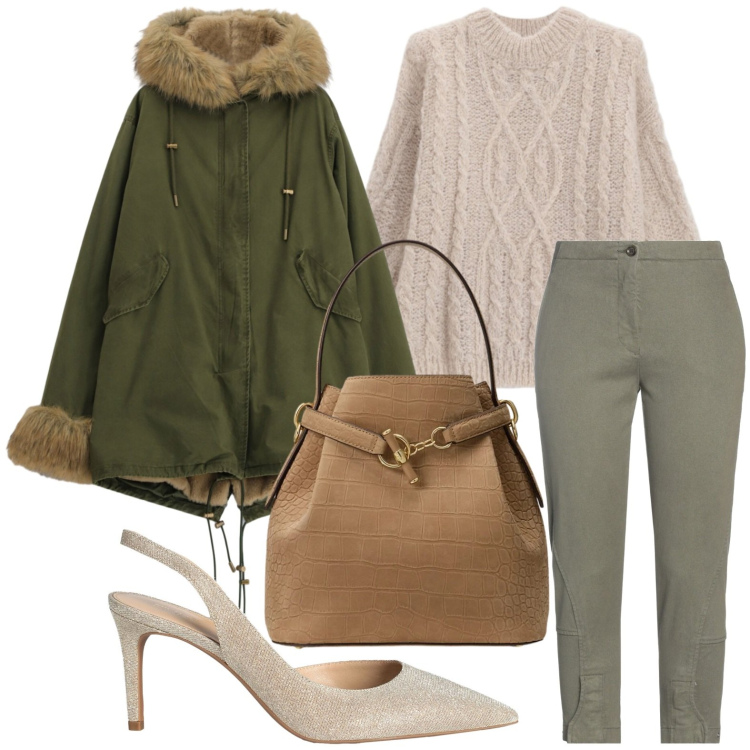Outfit donna - Giornate fredde. Stile Glamour per Tutti i giorni. Abbinamento con borse a secchiello, maglieria, parka, décolleté, jeans slim fit.