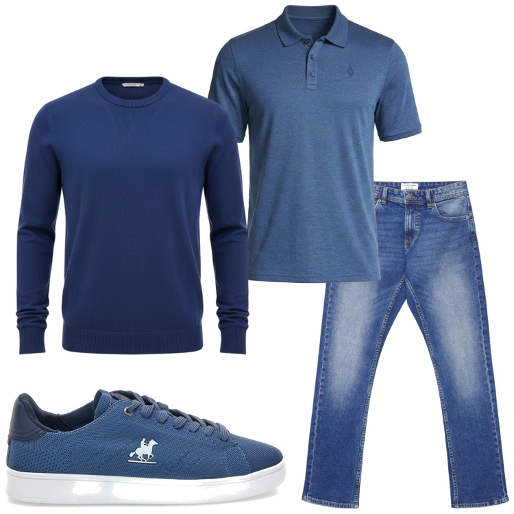 Outfit uomo - Casual in città. Stile Casual per Tutti i giorni. Abbinamento con jeans, sneakers, maglieria, polo.