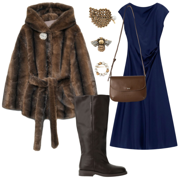 Outfit donna - Urban fashion. Stile Glamour per Tutti i giorni. Abbinamento con borse a tracolla, vestiti midi/longuette, stivali, accessori per capelli, cappotti.