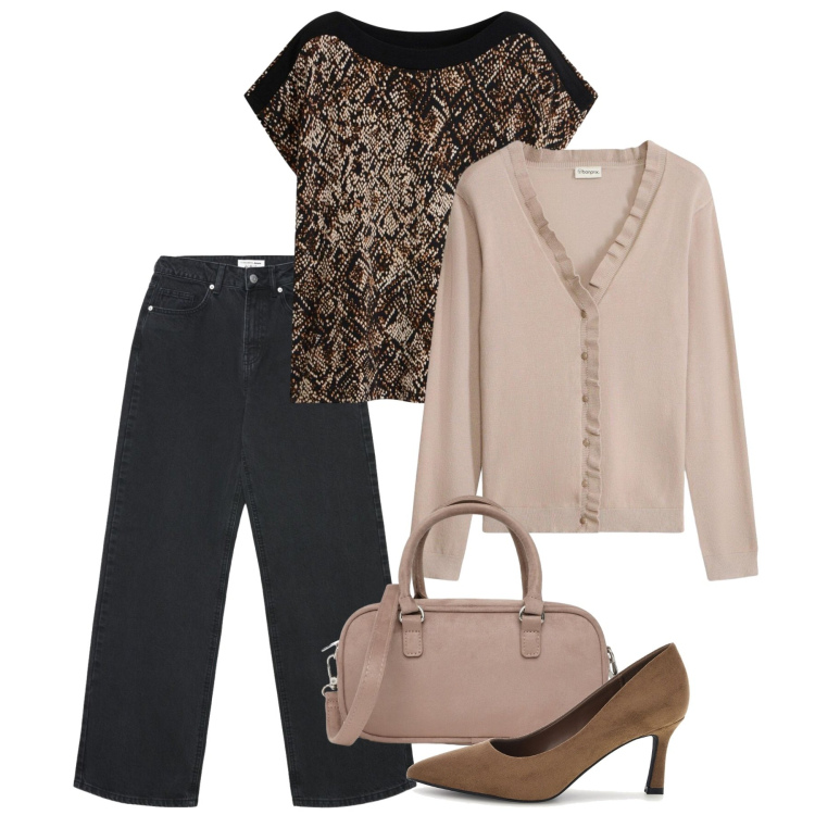 Outfit donna - Ottobre. Stile Casual chic per Tutti i giorni. Abbinamento con jeans, borse a tracolla, t-shirt, cardigans, décolleté.