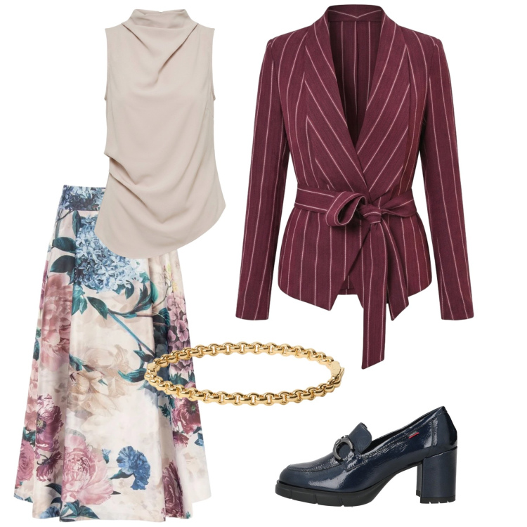 Outfit donna - Righe e fiori. Stile Casual chic per Serata fuori. Abbinamento con mocassini, gonne longuette, blazer, top, braccialetti.