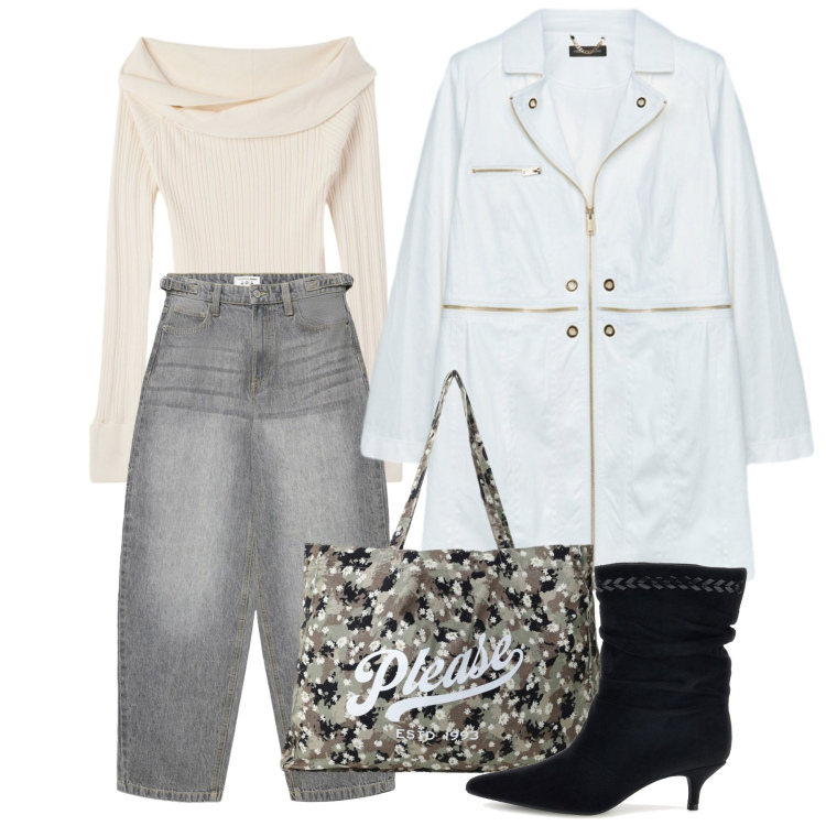 Outfit donna - Ottobre. Stile Urban per Tutti i giorni. Abbinamento con jeans, maglieria, shopping bag, cappotti, stivaletti.