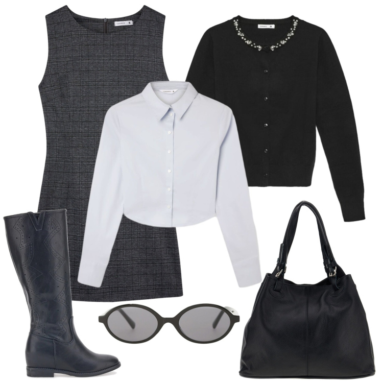 Outfit donna - Lo scamiciato Preppy-Chic. Stile Preppy per Tutti i giorni. Abbinamento con vestiti senza maniche, camicie, cardigans, occhiali da sole, stivali, borse a spalla.