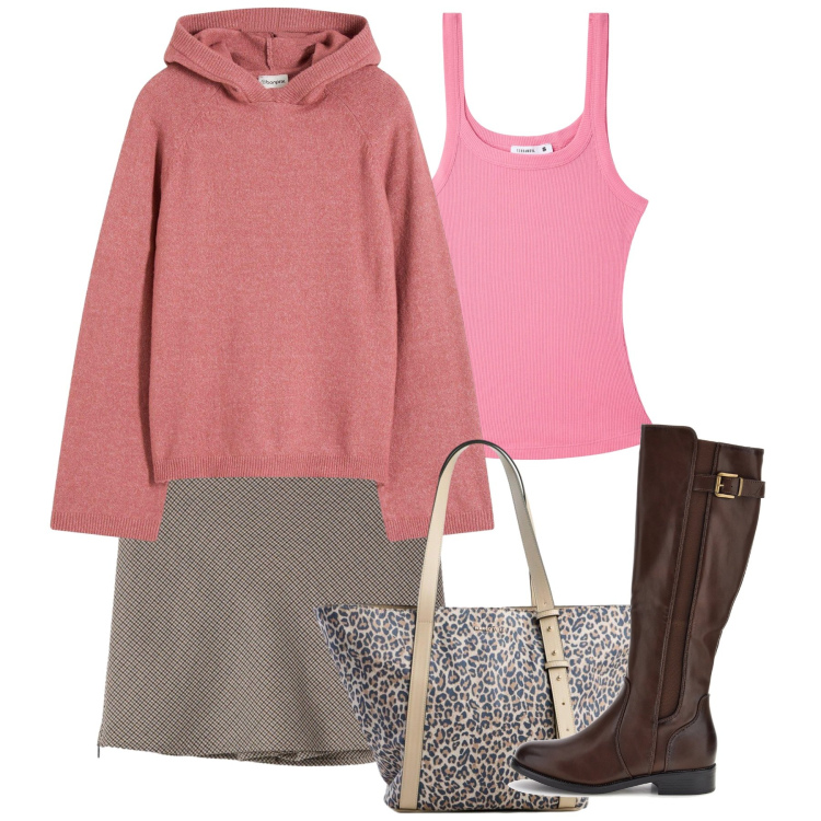 Outfit donna - Ottobre rosa. Stile Bon Ton per Tutti i giorni. Abbinamento con shopping bag, maglieria, canottiere, gonne, stivali sopra il ginocchio.