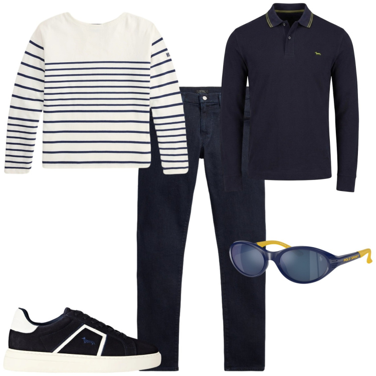 Outfit uomo - Trendy week end. Stile Trendy per Tutti i giorni. Abbinamento con sneakers, polo, jeans, occhiali da sole, pullovers.