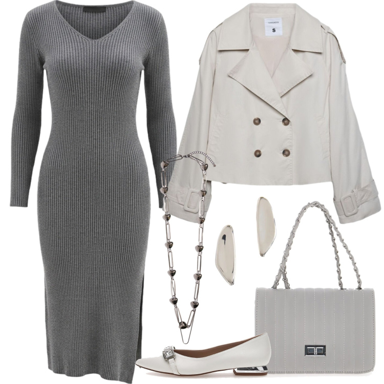 Outfit donna - L'abito longuette in maglia. Stile Casual chic per Serata fuori. Abbinamento con collane, orecchini, vestiti midi/longuette, caban, borse a tracolla, ballerine.