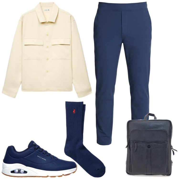Outfit uomo - In ufficio a ottobre. Stile Casual per Tutti i giorni. Abbinamento con calzini, camicie, borse sportive, sneakers, pantaloni.