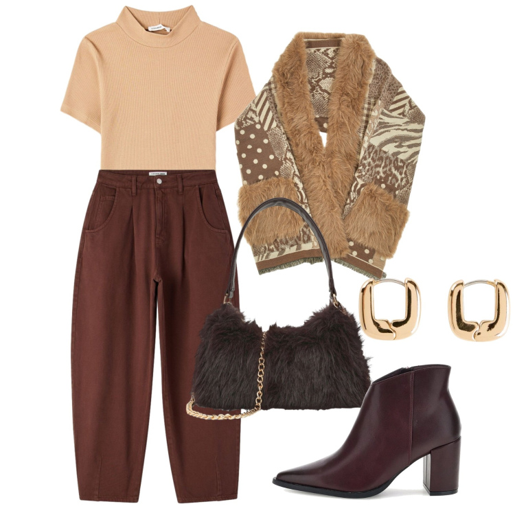 Outfit donna - Warm october. Stile Chic per Tutti i giorni. Abbinamento con orecchini, pantaloni, t-shirt, borse a spalla, cappe, stivaletti.