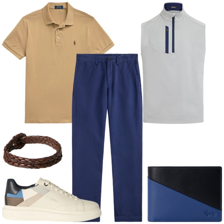 Outfit uomo - Casual in ufficio a ottobre. Stile Casual per Tutti i giorni. Abbinamento con sneakers, portafogli, pantaloni, gilet, braccialetti, polo.