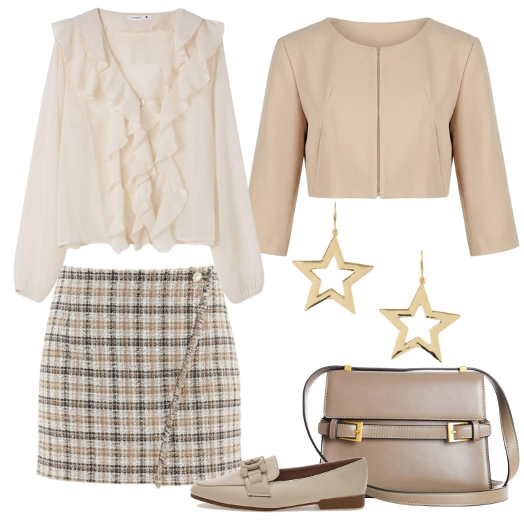 Outfit donna - Color crema e tartan. Stile Bon Ton per Serata fuori. Abbinamento con borse a tracolla, bluse, blazer, minigonne, orecchini, mocassini.