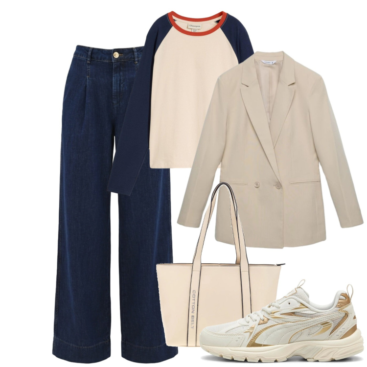Outfit donna - Autunno. Stile Casual per Tutti i giorni. Abbinamento con jeans dritti, blazer, maglieria, sneakers, shopping bag.