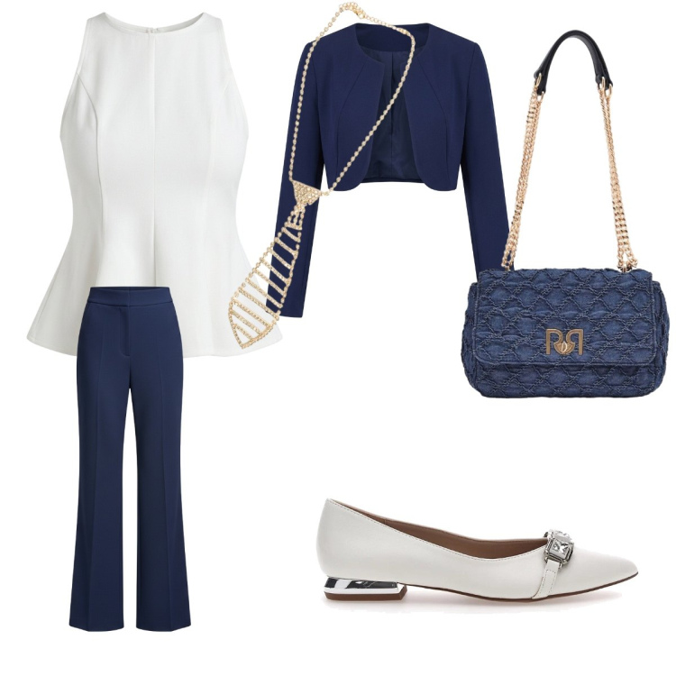 Outfit donna - Semplice. Stile Casual chic per Serata fuori. Abbinamento con pantaloni a palazzo, canottiere, bolero, borse a spalla, ciondoli, ballerine.