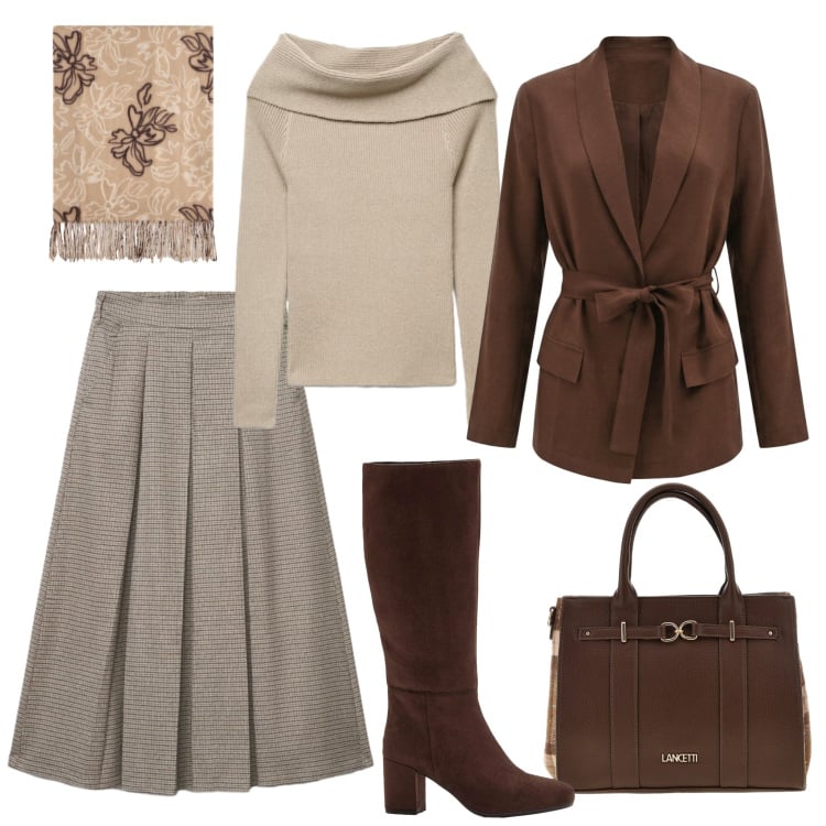Outfit donna - La gonna con pieghe per l\'ufficio. Stile Bon Ton per Ufficio. Abbinamento con stivali, gonne longuette, maglieria, blazer, sciarpe, shopping bag.