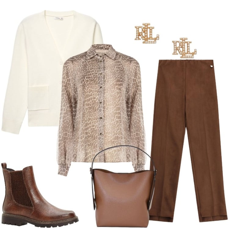 Outfit donna - Mix and Match di Ottobre. Stile Glamour per Tutti i giorni. Abbinamento con stivaletti, cardigans, camicie, borse a mano, pantaloni, orecchini.
