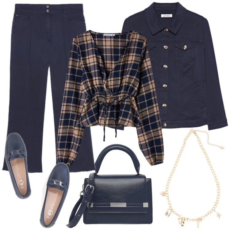 Outfit donna - La blusa a quadri, ufficio o università?. Stile Casual chic per Tutti i giorni. Abbinamento con collane, camicie, borse a tracolla, pantaloni, blazer, mocassini.
